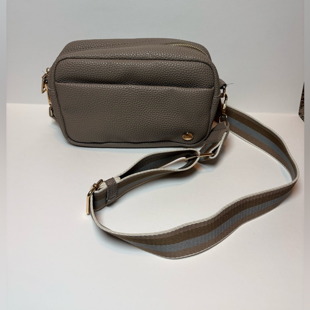 Taupe Pebbled Crossbody Bag with Striped Adjustable Strap